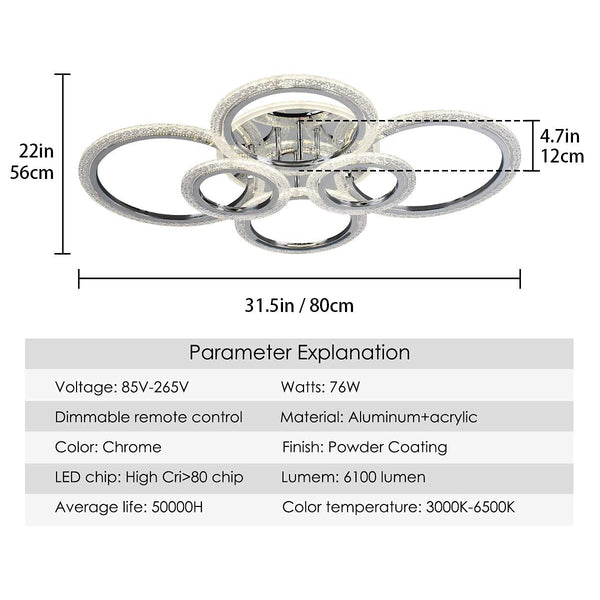 Garwarm LED Ceiling Light 76W Modern Close to Ceiling Lamp Dimmable 6 Rings Ceiling Chandelier for Living Room Bedroom