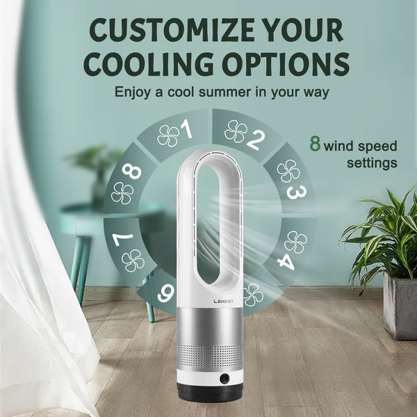 LEXENT 22" Bladeless Tower Fan with Remote Control, 8 Speeds Cooling fan, 90° Oscillating Fan, Silver cooling fan for Bedroom,Kitchen,Office