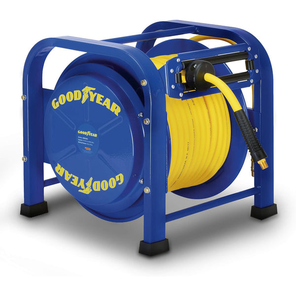 Goodyear Air Hose Reel Retractable 9.5mm x 30m 20BAR Max SBR Rubber Hose Heavy Duty Portable Quad Pod Industrial Steel Construction GBR013