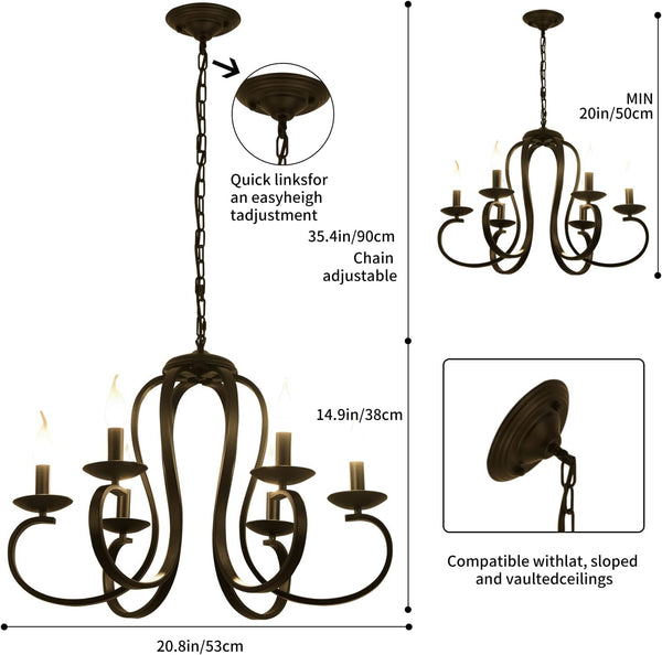 Garwarm 6-Light Vintage French Chandelier Candle-Style Pendant in Black/Brown Finish