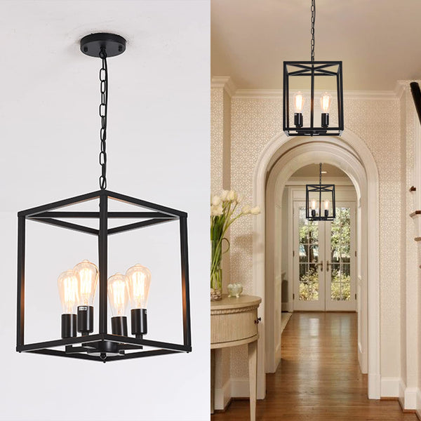 Garwarm Black 4-Light Metal Cage Pendant Light Adjustable Height for Kitchen Island Farmhouse Hallway