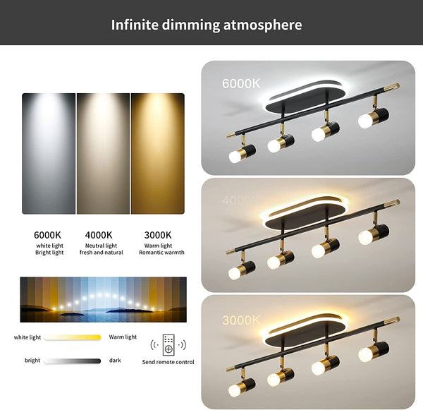 Garwarm 4-Light Dimmable LED Ceiling Track Light Black Gold Rotatable Spotlight