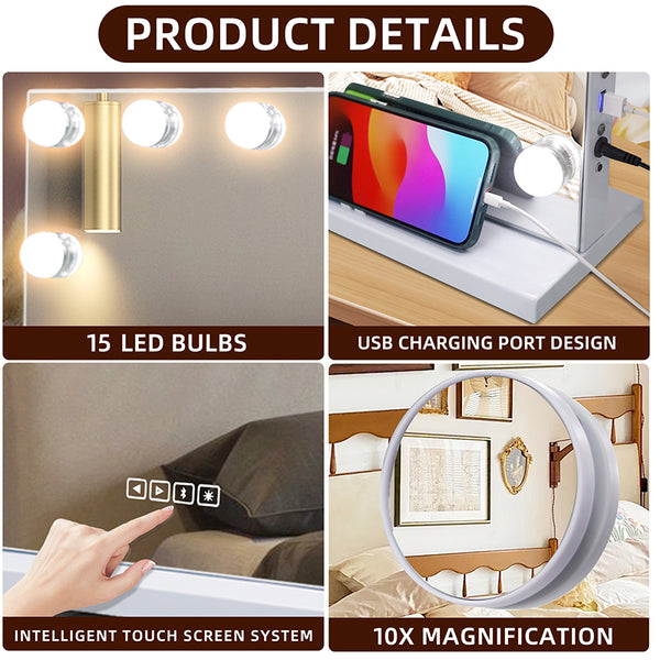 Hollywood Mirror with Bluetooth Speaker, 15-Dimmable Bulbs, Touch Screen, Tabletop, USB Charging SKU:MT005846-2