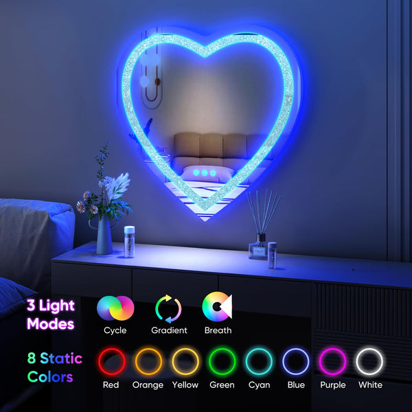 Fascinate Heart Shaped Crushed Diamond LED Vanity Mirror  with RGBWY Lights 3 Modes 8 Colours Dimmable Wall-Mounted