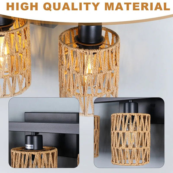 Garwarm 3-Light Boho Rattan Black Metal Wall Light