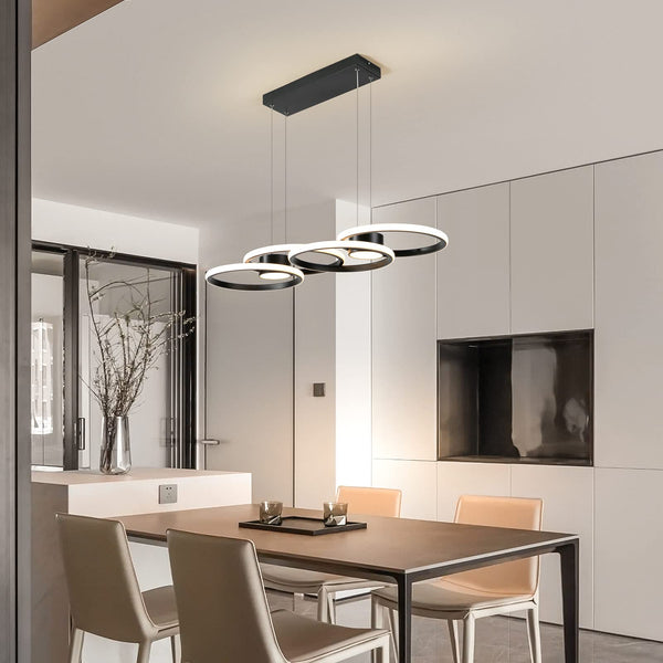 Garwarm Modern Black 4 Rings Dimmable LED Pendant Light with Remote for Dining Living Room Kitchen Island Bar