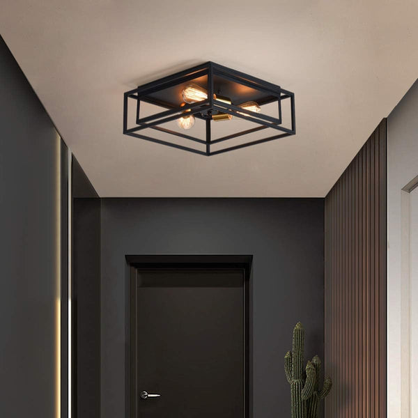 Garwarm Vintage 3-Light Square Flush Mount, Black Metal Ceiling Light