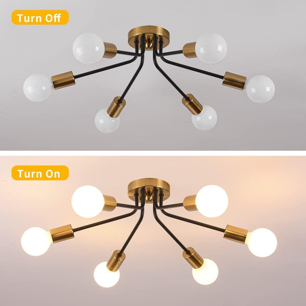 Garwarm 6-Light Gold/Black Modern Chandelier, Semi Flush Ceiling Light for Living Room