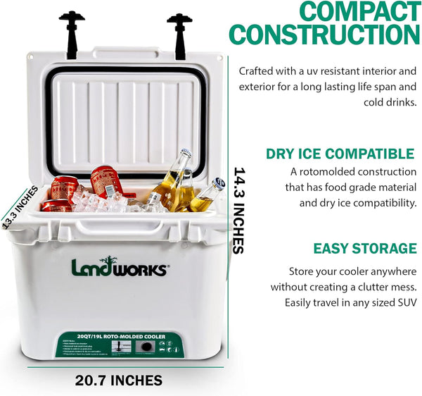 Landworks Rotomolded Enhanced Ice Cooler 20QT/45QT 5-10 Day Ice Retention Commercial Grade Food Safe Dry Ice Compatible UV Protection 15mm Gasket (2) Bottle Openers Vacuum Release Valve(GBT013)