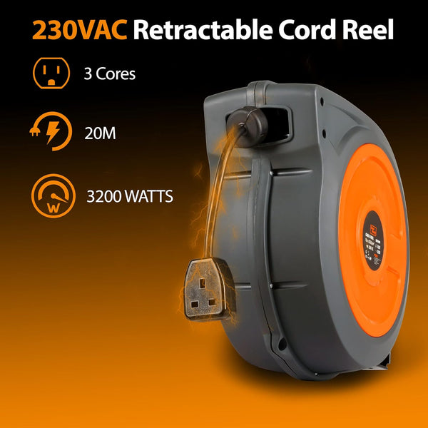 SuperHandy Cord Reel Retractable Extension Extra Long 20m (65ft) x 3G2.5mm² H05VV-F 3200W Max Industrial Polypropylene Ultra Heavy Duty Commercial Premium Grade Cable Reel (UK Plug& Socket)  GEUR009