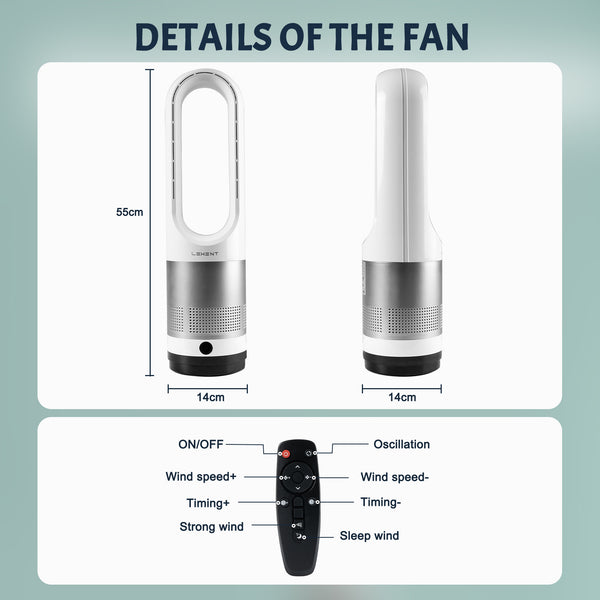 LEXENT 22" Bladeless Tower Fan with Remote Control, 8 Speeds Cooling fan, 90° Oscillating Fan, Silver cooling fan for Bedroom,Kitchen,Office