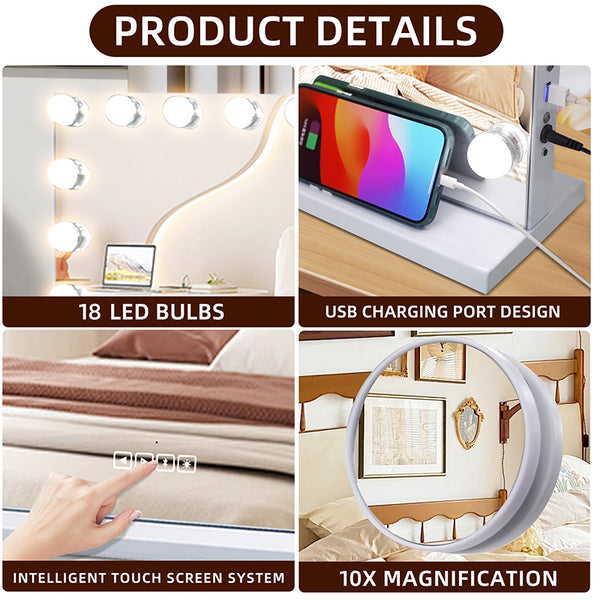 Hollywood Vanity Mirror  Bluetooth, USB Charging, 18 LED Dimmable Bulbs 3 Color Lights Bedroom Cosmetic Mirror for Table and Wall MT008058-2