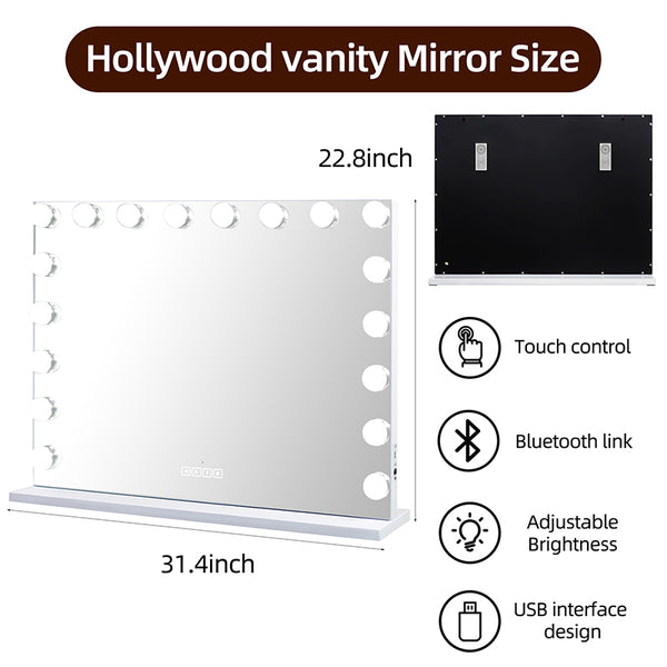 Hollywood Vanity Mirror  Bluetooth, USB Charging, 18 LED Dimmable Bulbs 3 Color Lights Bedroom Cosmetic Mirror for Table and Wall MT008058-2