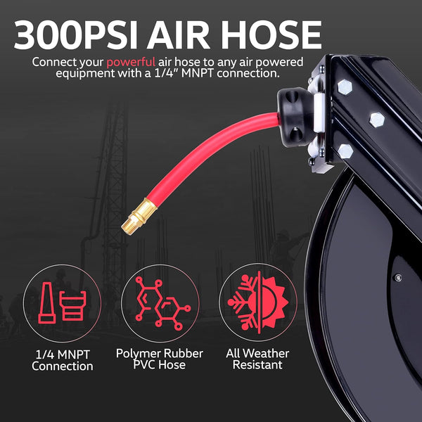 SuperHandy Air Hose Reel Retractable 3/8" x15m (50ft) with 1/4" BSPT Connections Premium Commercial Flex Hybrid Polymer Hose Spring Driven Steel Construction Ultra Heavy Duty for Indoor & Outdoor(GEUR006)