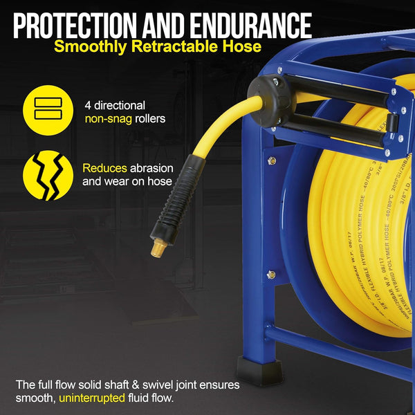 Goodyear Air Hose Reel Retractable 9.5mm x 30m 20BAR Max SBR Rubber Hose Heavy Duty Portable Quad Pod Industrial Steel Construction GBR013