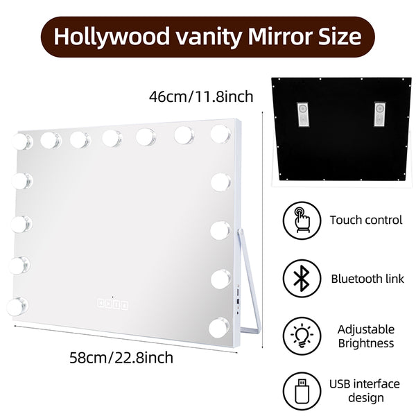 Matteo Hollywood Mirror with Bluetooth Speaker, 15-Dimmable Bulbs, Touch Screen, Tabletop, USB Charging MT005846BT-AD