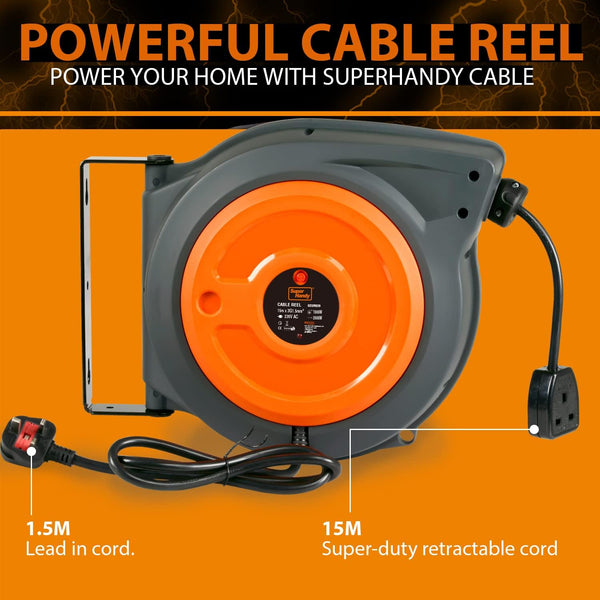 SuperHandy Retractable Extension Cord Reel 15m x 3G1.5mm² H05VV-F Industrial Polypropylene Ultra Heavy Duty SKU:GEUR039