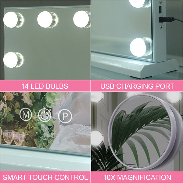 Hollywood Vanity Mirror 14 Dimmable 3 Colour LED Bulbs  Rectangular 50x42cm