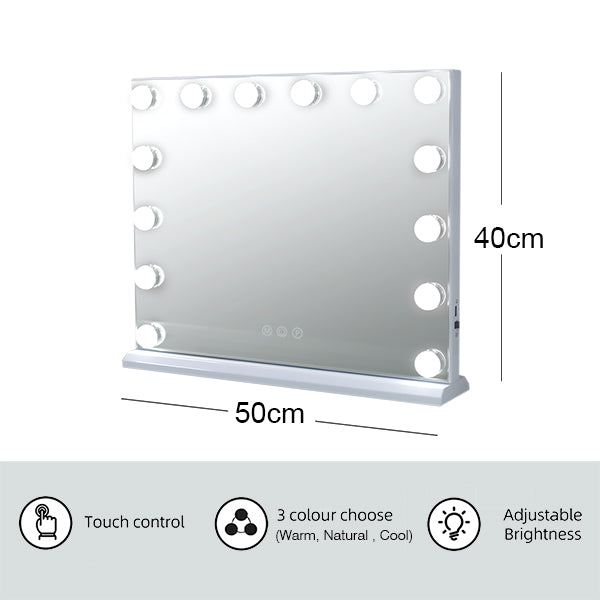 Hollywood Vanity Mirror 14 Dimmable 3 Colour LED Bulbs  Rectangular 50x42cm