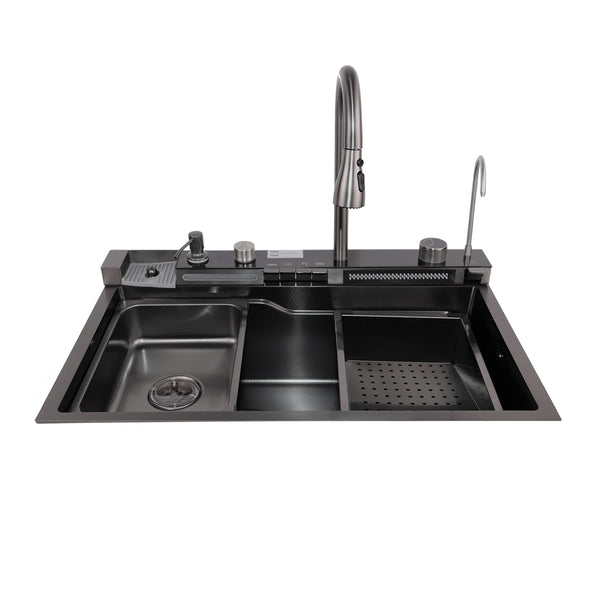 Matteo Black Stainless Steel Large Single Waterfall Kitchen Sink with Glass Rinser, Drain Basket & Cutting Board YTHS7546