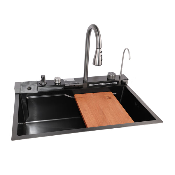 Matteo Black Stainless Steel Large Single Waterfall Kitchen Sink with Glass Rinser, Drain Basket & Cutting Board YTHS7546