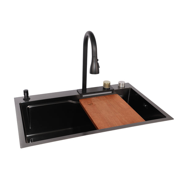 Matteo Black Stainless Steel Large Single Bowl Kitchen Sink with Drain Basket & Cutting Board YTHS7546C-BLACK