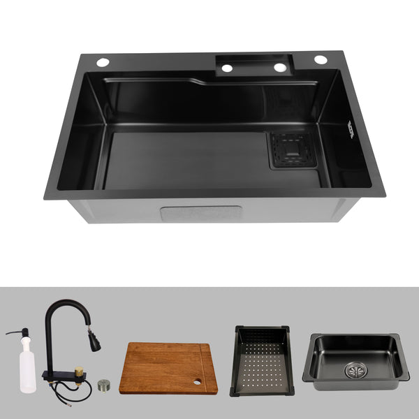 Matteo Black Stainless Steel Large Single Bowl Kitchen Sink with Drain Basket & Cutting Board YTHS7546C-BLACK