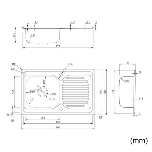 Matteo Rectangular Stainless Steel Sink with Plated Surface and Integrated Plate