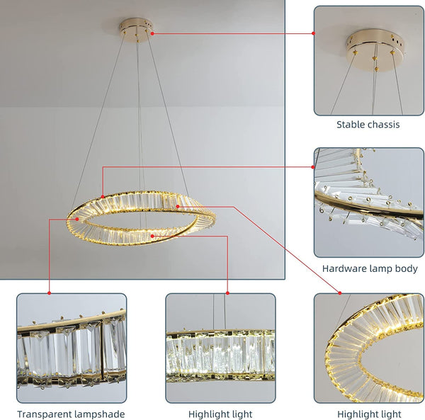 Garwarm Dimmable LED Golden Crystal Chandelier with Remote Control Adjustable Height