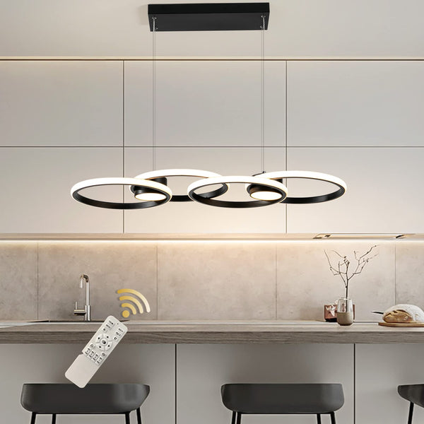 Garwarm Modern Black 4 Rings Dimmable LED Pendant Light with Remote for Dining Living Room Kitchen Island Bar