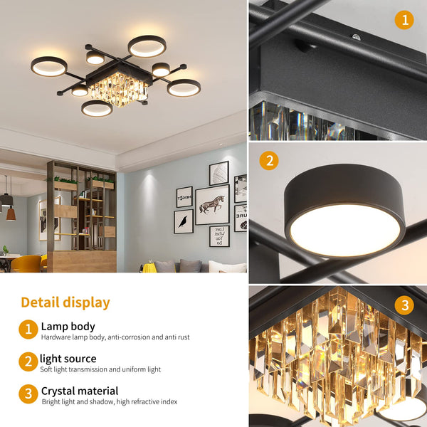 Garwarm 65W 8-Head Ceiling Light Crystal Flush Mount LED Chandelier Metal Dimmable Ceiling Lamp