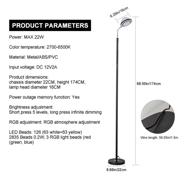 Garwarm 174cm Black RGB Dimmable LED Reading Floor Lamp