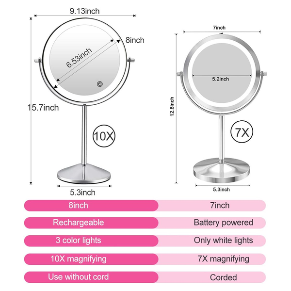 Fascinate Rechargeable Lighted Makeup Mirror with 3 Colour Lights, 1x/10x Magnification, Touch Dimming, 360 degrees Rotation