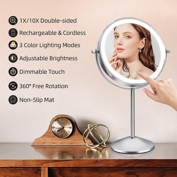 Fascinate Rechargeable Lighted Makeup Mirror with 3 Colour Lights, 1x/10x Magnification, Touch Dimming, 360 degrees Rotation