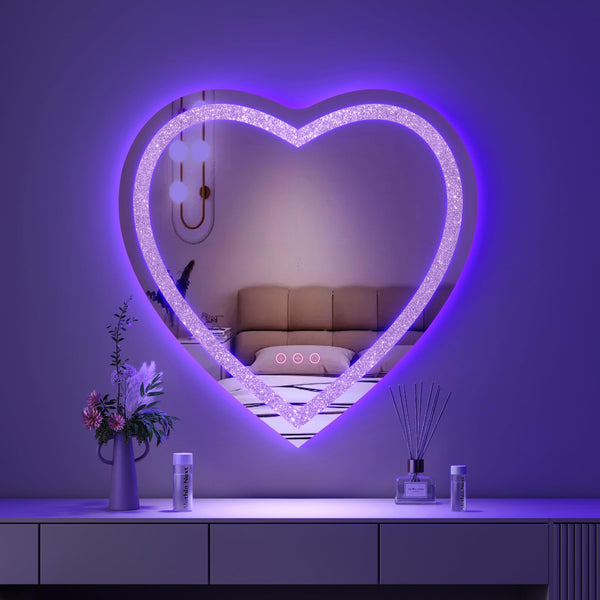 Fascinate Heart Shaped Crushed Diamond LED Vanity Mirror  with RGBWY Lights 3 Modes 8 Colours Dimmable Wall-Mounted