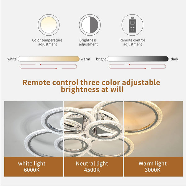 Garwarm LED Ceiling Light 76W Modern Close to Ceiling Lamp Dimmable 6 Rings Ceiling Chandelier for Living Room Bedroom