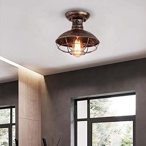 Garwarm Industrial Ceiling Light with Metal Cage Semi-Flush Bronze Fixture