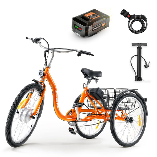 SuperHandy Adult Tricycle Electric Bike EcoRide 3 Modes, Adaptive Torque Pedal Assist, 250W Motor, (2) Lithium Batteries, 330LB Capacity, Large Storage Basket, LED Headlight, Air Pump + Lock Included (GBTS017)