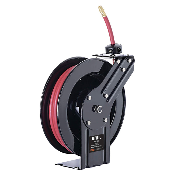 Umi. Air Hose Reel Retractable 7.5m 25' Feet x 3/8" Inch Connection Premium Commercial SBR Hose Max 300 Psi Steel Construction Wall Mounting Heavy Duty
