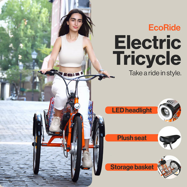 SuperHandy Adult Tricycle Electric Bike EcoRide 3 Modes, Adaptive Torque Pedal Assist, 250W Motor, (2) Lithium Batteries, 330LB Capacity, Large Storage Basket, LED Headlight, Air Pump + Lock Included (GBTS017)
