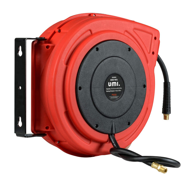 Umi Air Hose Reel Retractable - 9.5mm x 20m Premium Commercial Flex Hybrid Polymer Hose Max 20bar Heavy Duty Spring Driven Polypropylene Construction w/Lead in Hose