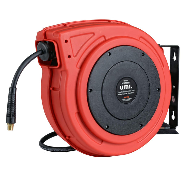 Umi Air Hose Reel Retractable - 9.5mm x 20m Premium Commercial Flex Hybrid Polymer Hose Max 20bar Heavy Duty Spring Driven Polypropylene Construction w/Lead in Hose